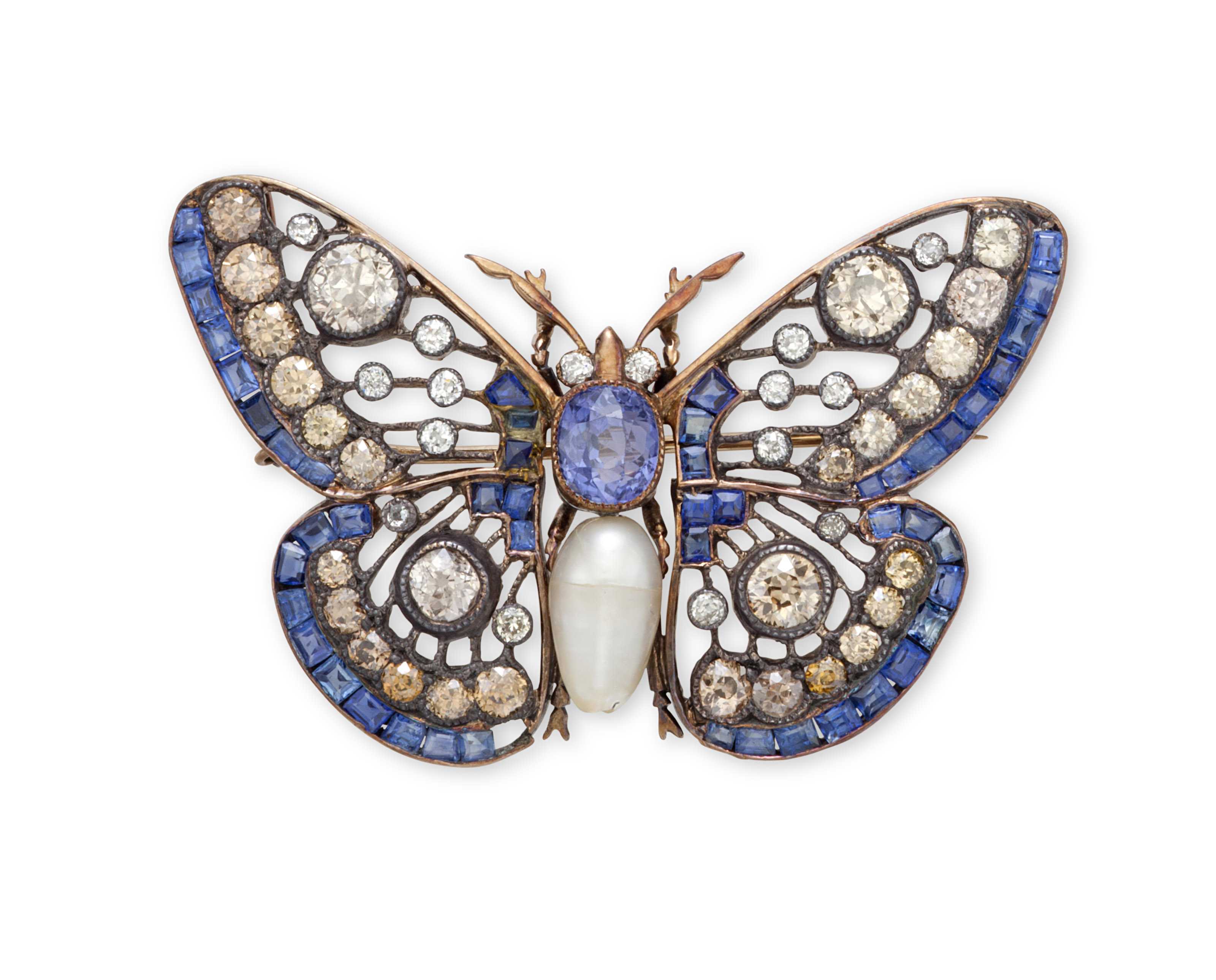a sapphire, diamond and cultured pearl butterfly brooch wyykjpa
