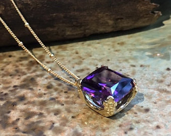 amethyst necklace, cushion cut stone pendant, amethyst pendant, golden  pendant, february birthstone YEYDWTH