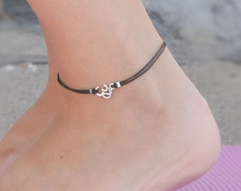 ankle bracelets om anklet, dainty black cord anklet with silver om charm, ankle bracelet,  gift AJHIKNB