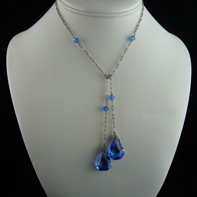 art deco lariat necklace with faceted blue glass drops cwwtnkf