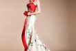 asian dresses asian inspired red and white embroidered halter bridal wedding bridal dress  (custom made only) qinmngc