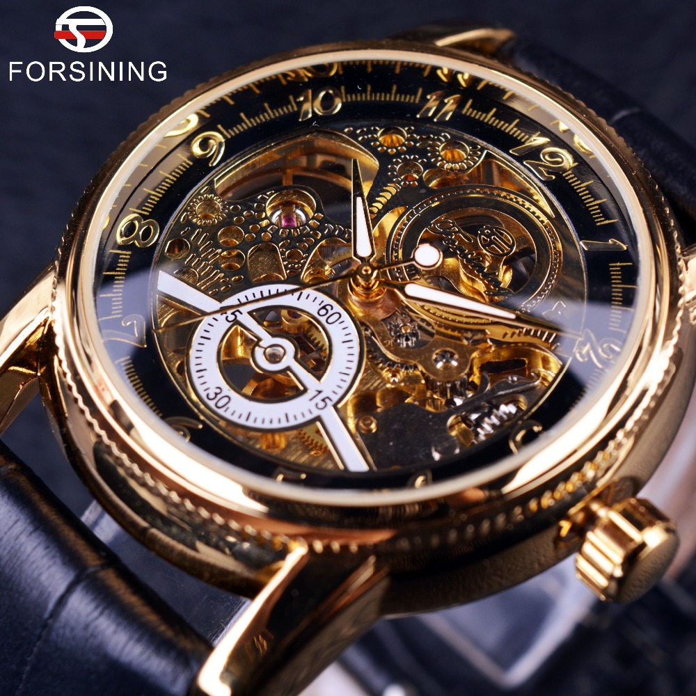 automatic watch 2016 forsining hollow engraving skeleton casual designer black golden case  gear bezel watches men LJFAVLP