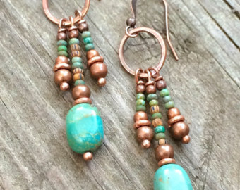 beaded jewelry turquoise earrings, boho copper jewelry, turquoise dangle earrings, beaded  jewelry DBXYCMG