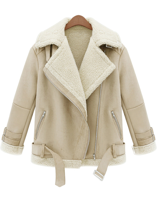 beige lapel long sleeve zipper wool coat -shein(sheinside) zdignza