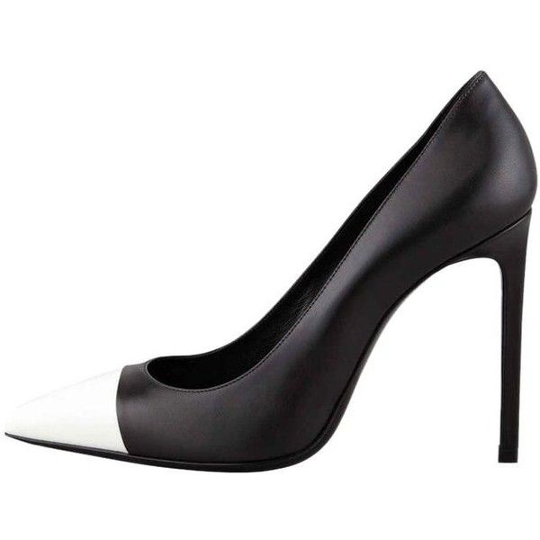 black and white pumps pre-owned saint laurent bi-color heels leather cap-toe 38 black white quaaxxv