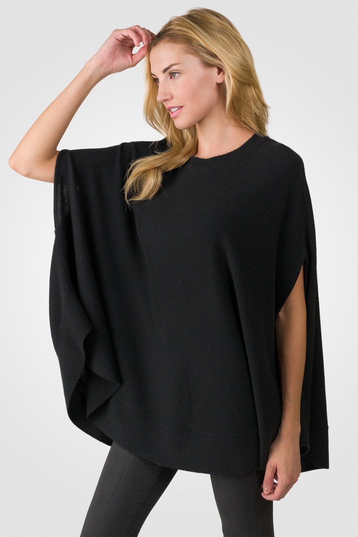 black cashmere oversized laid-back poncho sweater left side view fkphmvg