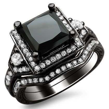 black diamond ring 2.0ct black princess cut diamond engagement ring bridal set 14k black gold PHDBQSB