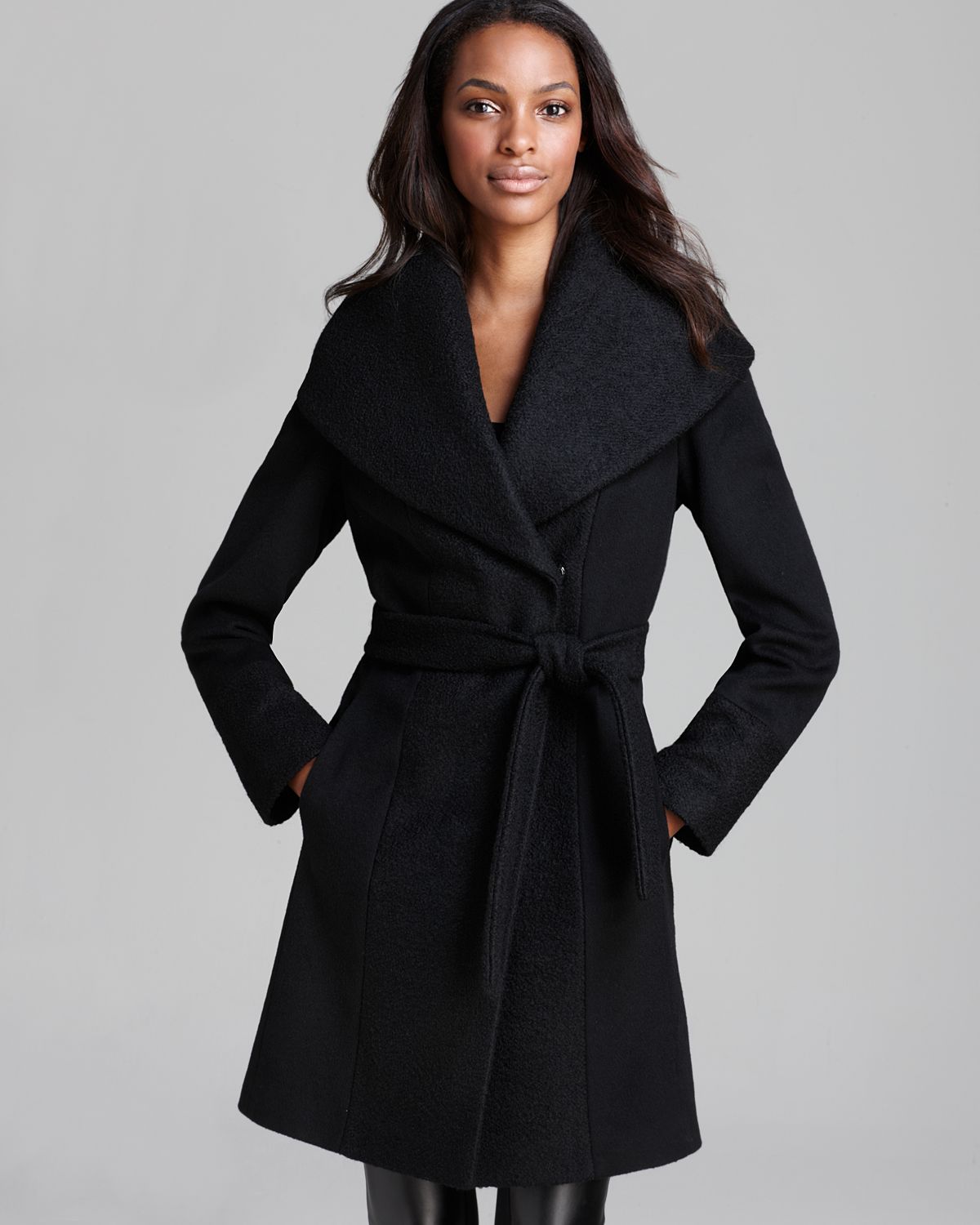 Floor length black wool coat
