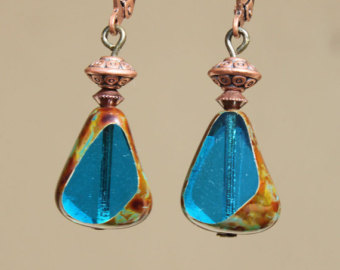 blue earrings dangle jewelry drop glass earrings copper earrings boho chic  gift for her USIBDXI