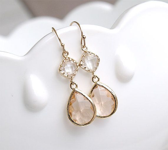 bridesmaid jewelry champagne earrings in gold - bridesmaid earrings - blush earrings - peach  earrings - gzbkein