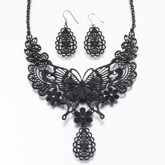 butterfly black necklace and earrings set YPUXXBA