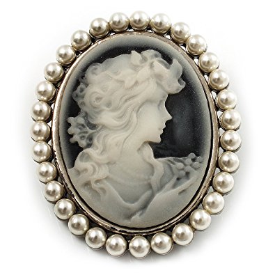 classic simulated pearl cameo brooch (silver tone) yedfwxx