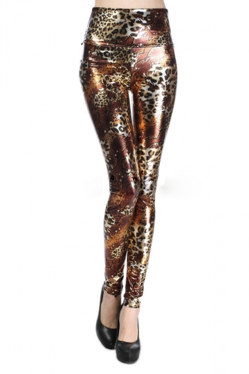 coffee leopard print metallic leggings mqacner