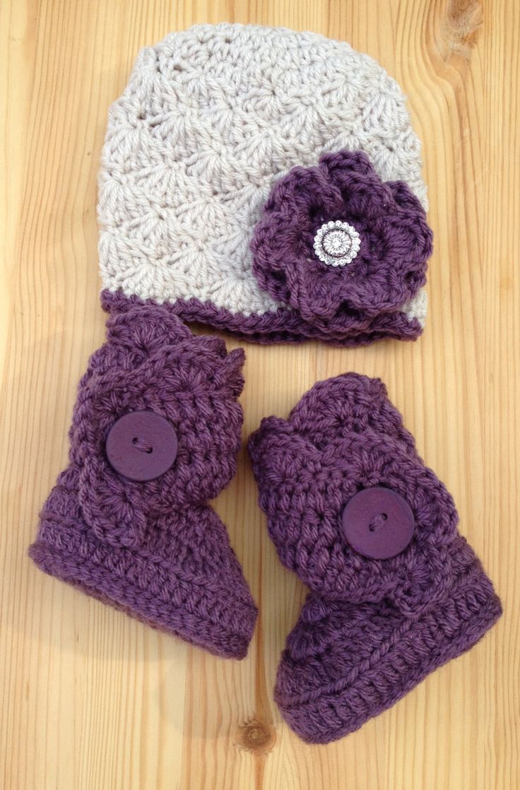 crochet baby hats urban baby hat and boots in linen/amethyst, purple baby boots, purple baby  shoes, baby qtvejtb