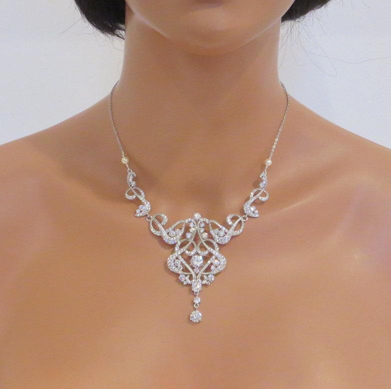 crystal wedding necklace, pearl bridal necklace, bridal jewelry, cubic  zirconia necklace, art deco necklace, xwbegrf