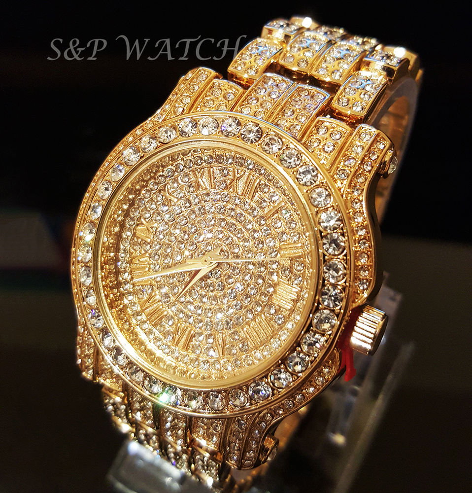 diamond watches men hip hop iced out gold tone techno pave bling simulated diamond rapper  watch junxzqk