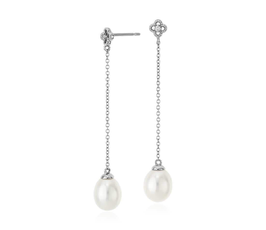 drop earrings freshwater cultured pearl drop earring with diamond in 14k white gold  (7.25mm) snlaoth