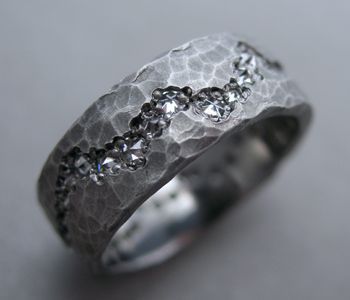 engagement rings for men ring in oxidized sterling silver with 35 inverse set single cut diamonds.  measures 7mm ptvxtem