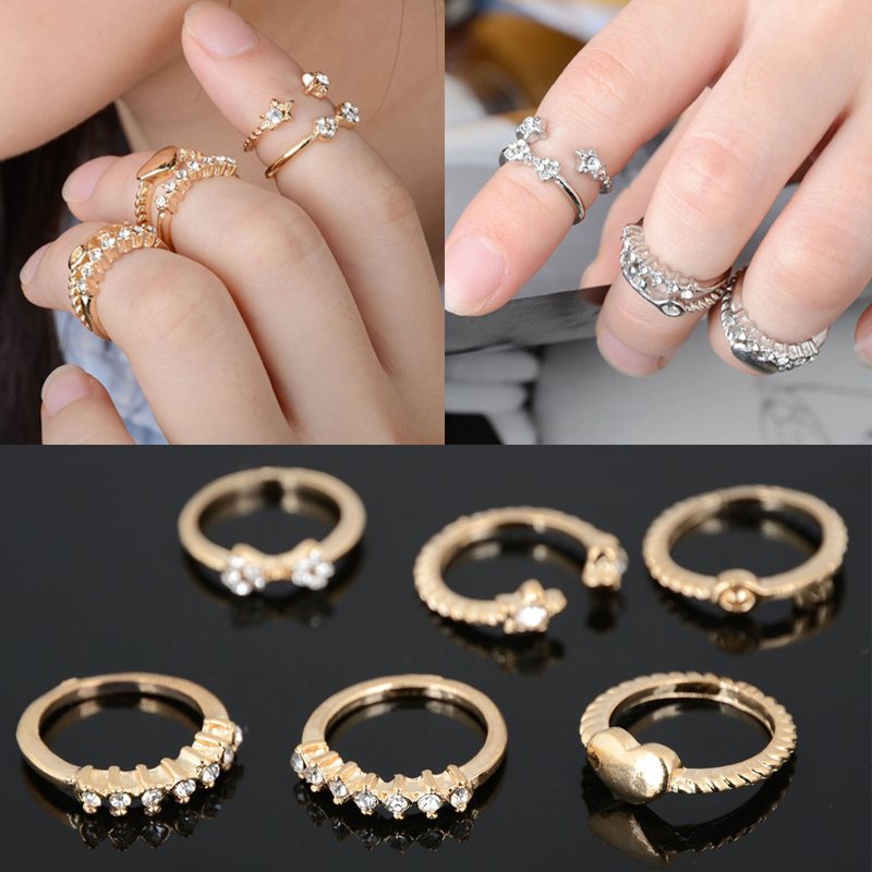 fashion rings for women anel feminino 7pcs gold bowknot heart crystal midi  mid finger jynztyd