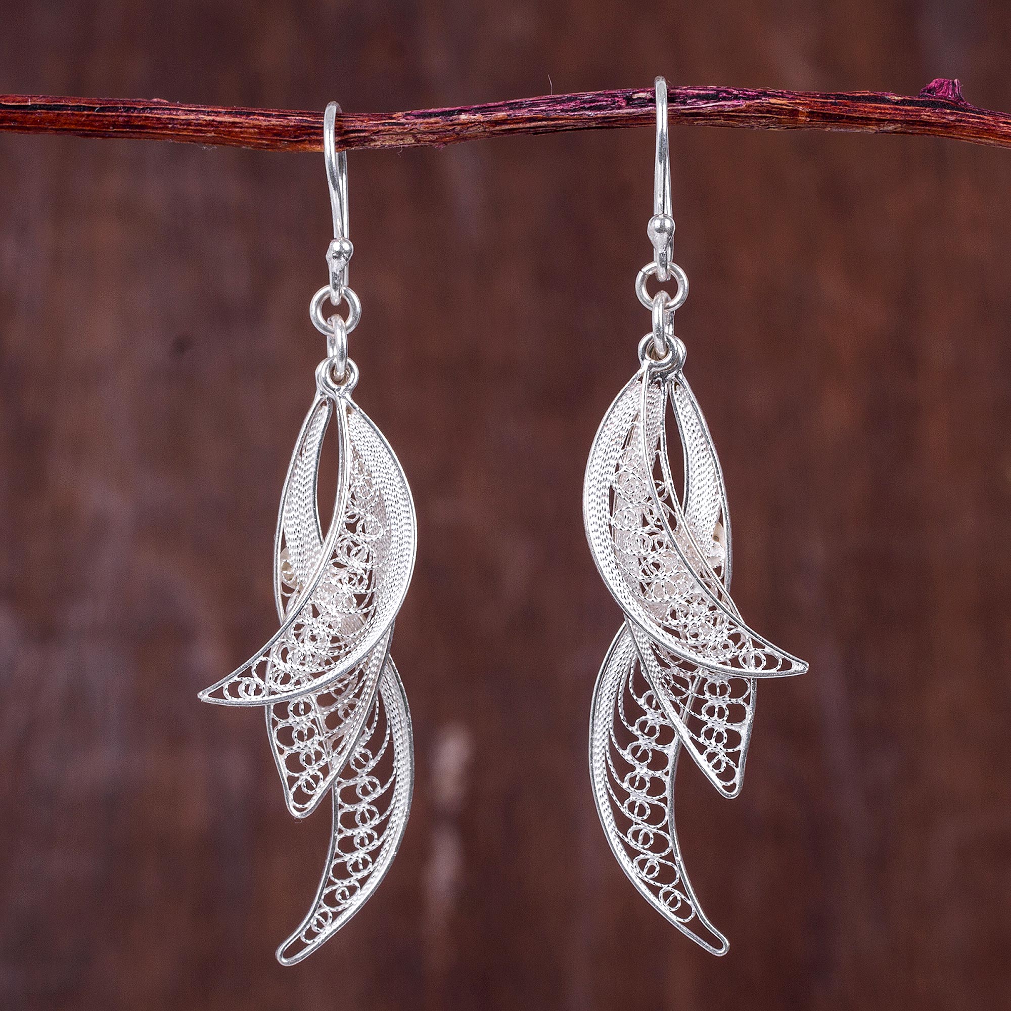 filigree earrings filigree leaves in hand crafted sterling silver earrings - windswept |  novica ckgbzph