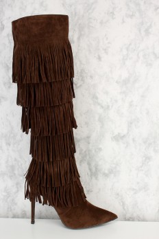 fringe boots brown fringe pointy toe knee high heel boots faux suede gomjbhs