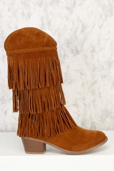 fringe boots camel braided fringe accent round toe mid calf chunky heel boots faux suede ewqaixg