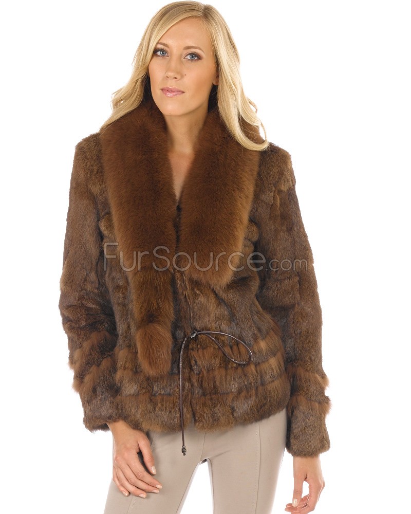 fur coats fur jacket - rabbit fur with fox fur collar - brown cznfakb