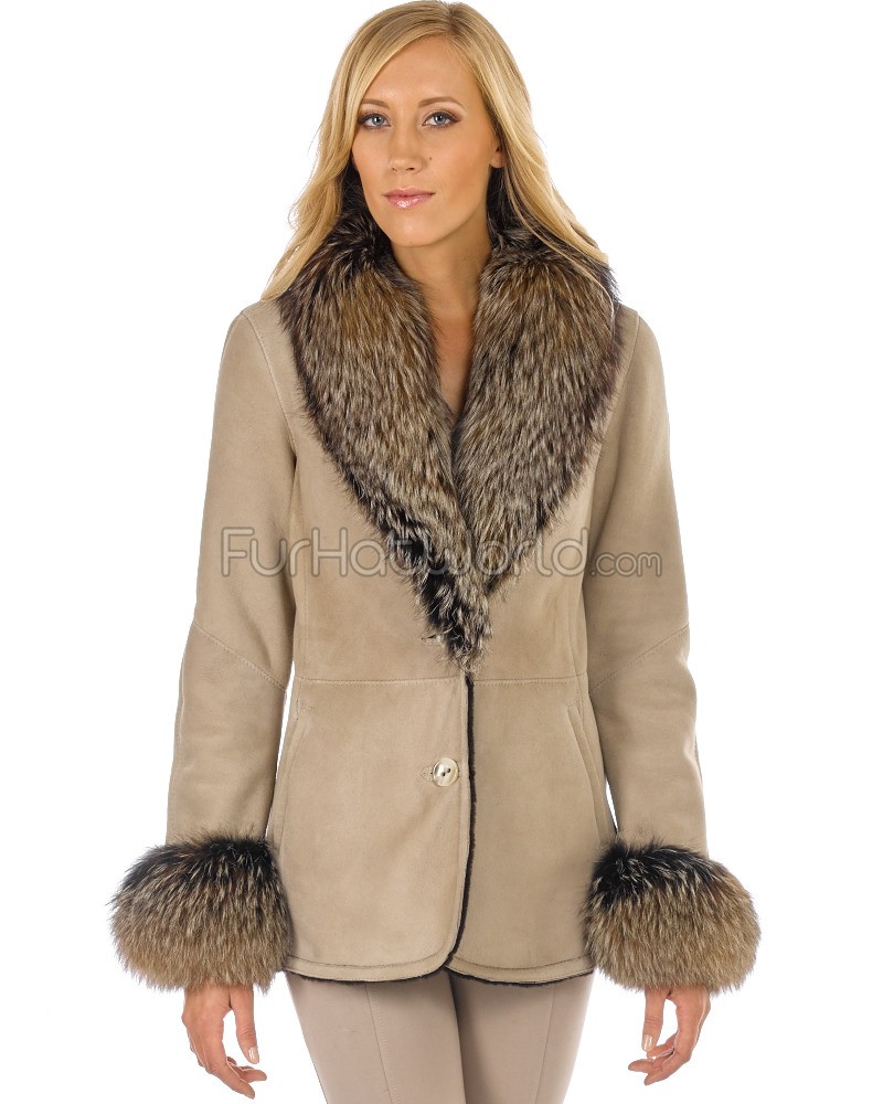 fur coats kayla toscana shearling jacket with fox fur collar in beige ... mpsbkqr