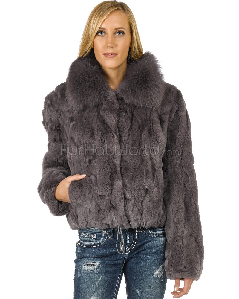 fur coats salem rex rabbit fur bomber with fox collar in grey ncexfii
