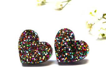glitter heart earrings · i heart you · rainbow glitter heart earrings · 13mm jmflcfj