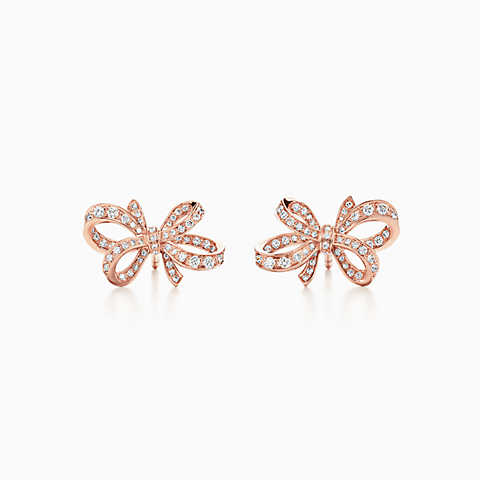 gold earrings new tiffany bow ribbon earrings in 18k rose gold with diamonds, mini. pcmhxiu