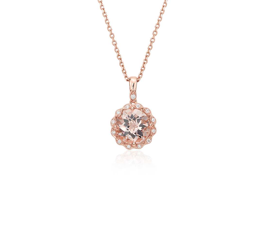 gold pendant necklace morganite and diamond milgrain halo pendant necklace in 14k rose gold (8mm) krsgmqg
