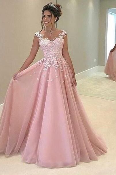 gown dresses beautiful lace top pink tulle prom dress with straps, ball gowns wedding  dress lynlnel