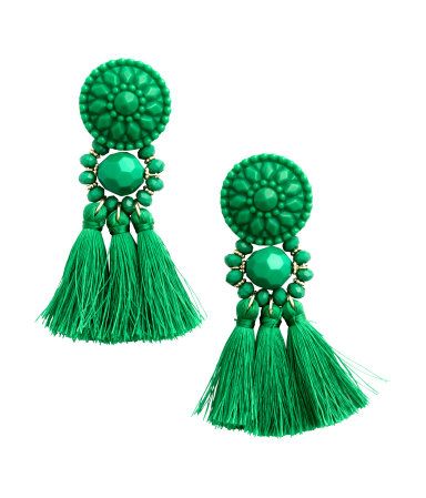 green earrings earrings in plastic and metal with tassels. length 3 1/4 in. cfkzdmt