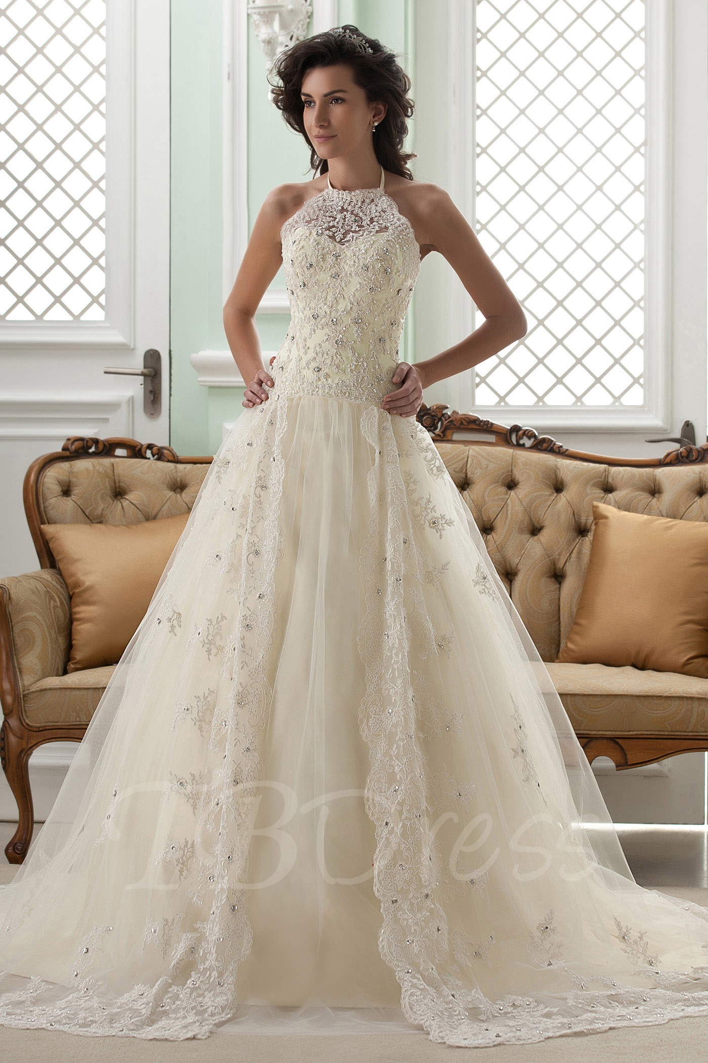 lace wedding dress a-line halter neck sleeveless floor-length court appliques lace wedding  dress aoforcl