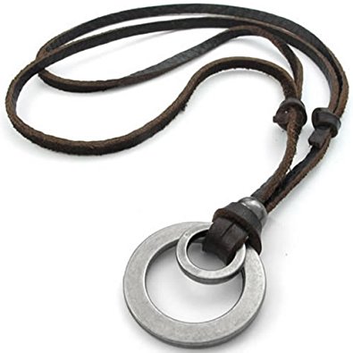 leather necklace konov mens womens double ring pendant adjustable leather cord necklace  chain, brown silver cjxince