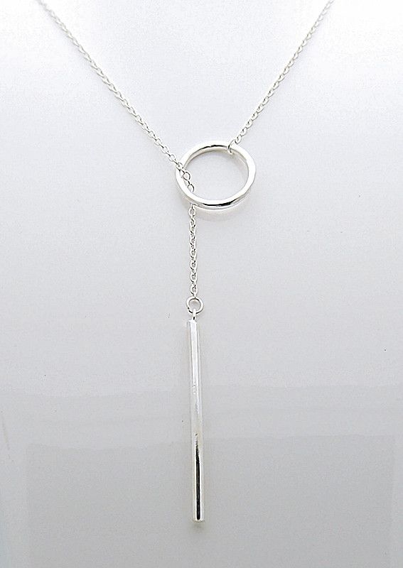 long silver necklace sterling silver - 15.5mm circle - 37mm long bar - spring ring clasp vrklzxf