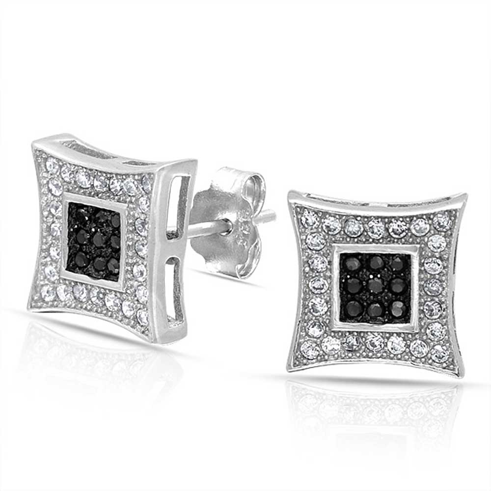 mens earrings bling jewelry black white micro pave cz mens kite stud earrings 925 silver  10mm yldxtpi