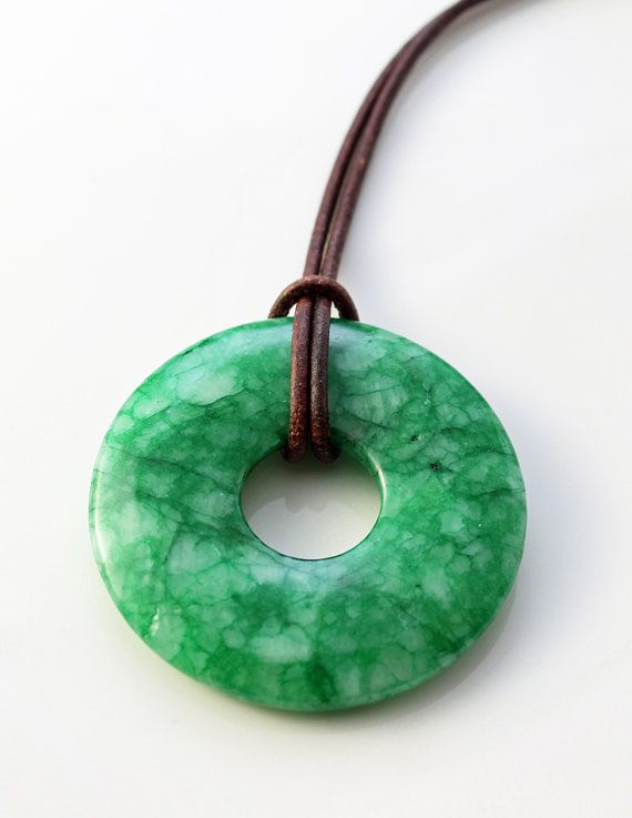 mens jade necklace - bright green jade donut pendant on brown leather cord  - jhnqjti