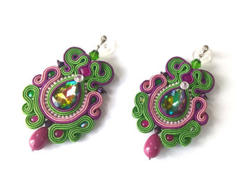 multicolor funky earrings, soutache earrings, statement jewelery,  fashionable long earrings, green violet oapmlpw