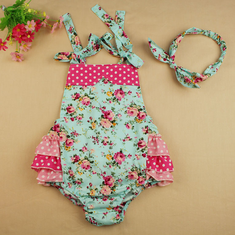 new arrive floral ruffle baby romper vintage infant romper matched headband  for baby girl(china kufcpbp