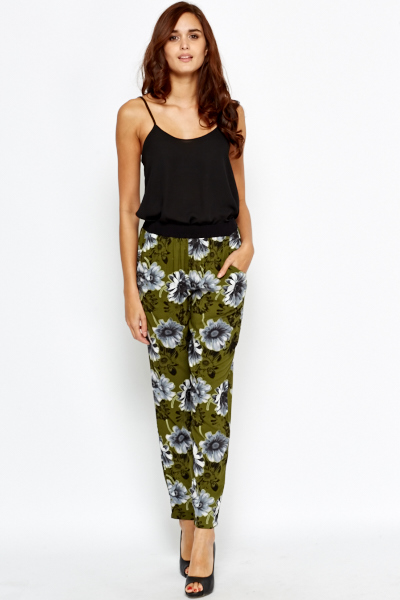olive floral tapered trousers vlzhjse