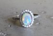 opal promise rings halo opal engagement ring- natural opal promise ring- oval opal wedding  bridal ring- october owvmdeq