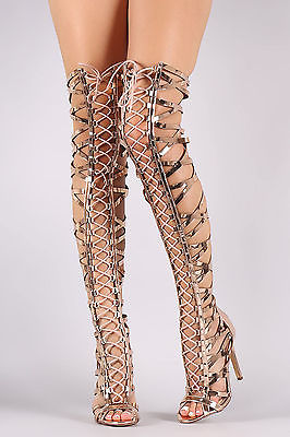 over knee thigh high gladiator heels strappy lace up open toe sandal - rose odoinxq