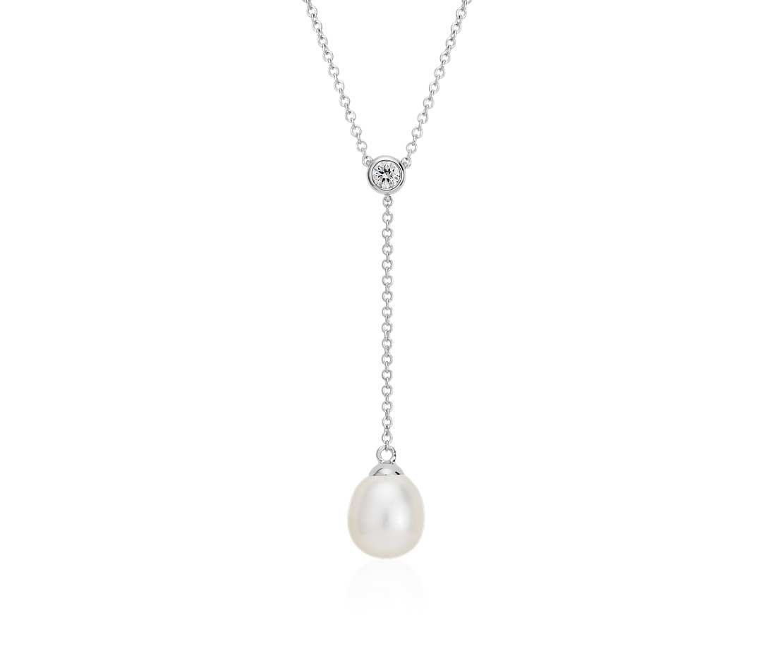 pearl and diamond necklace freshwater cultured pearl and diamond y-necklace in 14k white gold (7.5mm) sholwyi