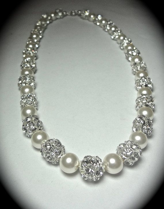 pearl and diamond necklace pearl necklace ~ brides pearl necklace, swarovski pearl necklace, brides  necklace, wedding necklace, sparkling tpsoenq