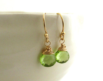 peridot jewelry gold peridot earrings, lime green gemstone earrings, gold filled delicate  earrings, august birthstone zwhowih