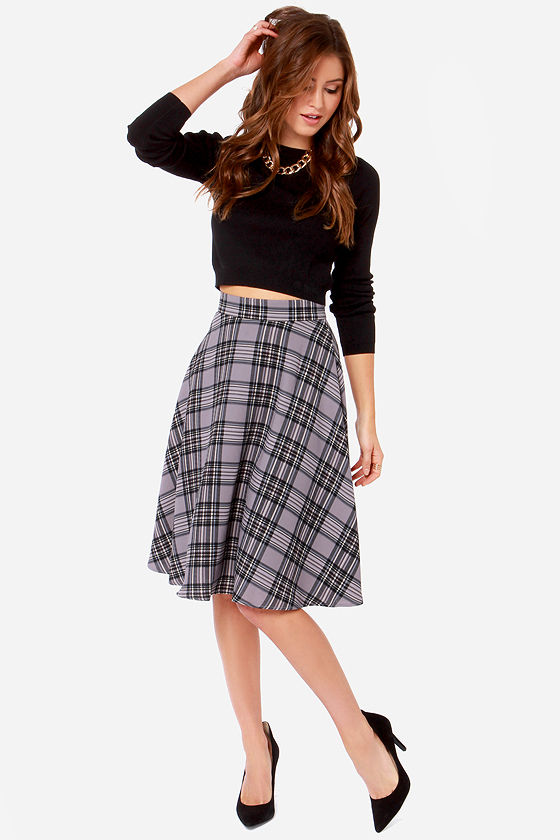 plaid skirt - grey skirt - midi skirt - $58.00 orkrvcr