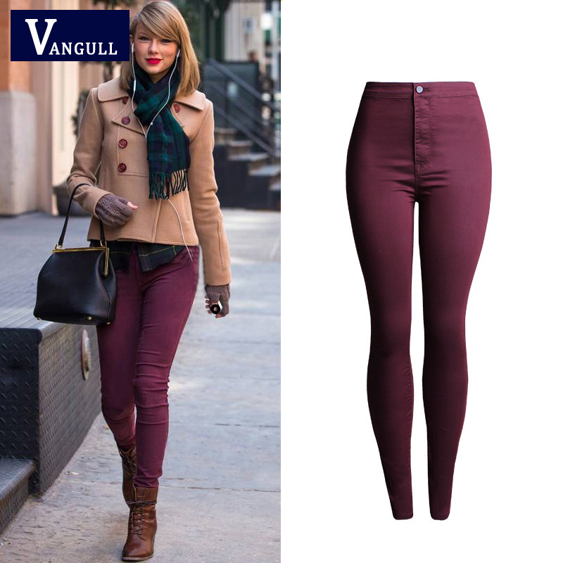 red jeans for women woman pencil casual dark red denim stretch skinny 2016 spring fashion  female jeans pants cgsrole