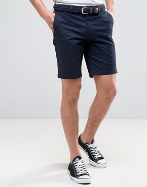 river island slim fit chino shorts with belt in navy pdvlmwd